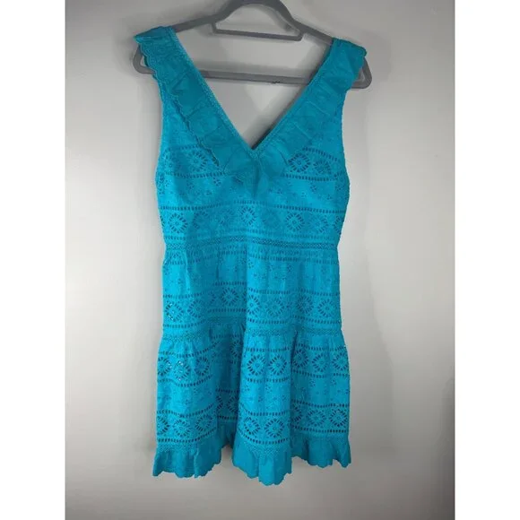Alice + Olivia Ruffled Eyelet Mini Dress Sleeveless Size 10 in Marine Blue NWT
